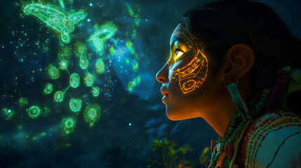 A Mayan astronomer observing the heavens, with glowing celestial patterns reflected in their eyes