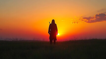 Samurai Silhouette at Sunset Over Grassland