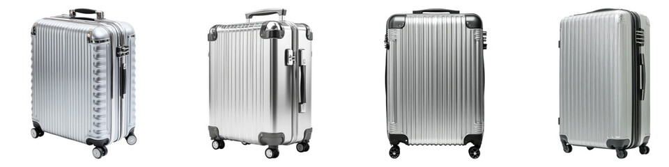 Silver luggage isolated on transparent background, Set of