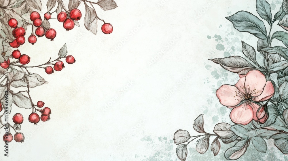 Poster doodle of vibrant red berries and delicate pink flowers set against a subtle textured background in 