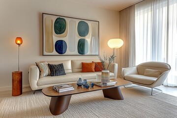 Minimalist living room, curved white sofa, textured walls, abstract art, organic shapes, neutral color palette, pampas grass, wooden coffee table, earthy tones, natural materials, soft lighting, conte
