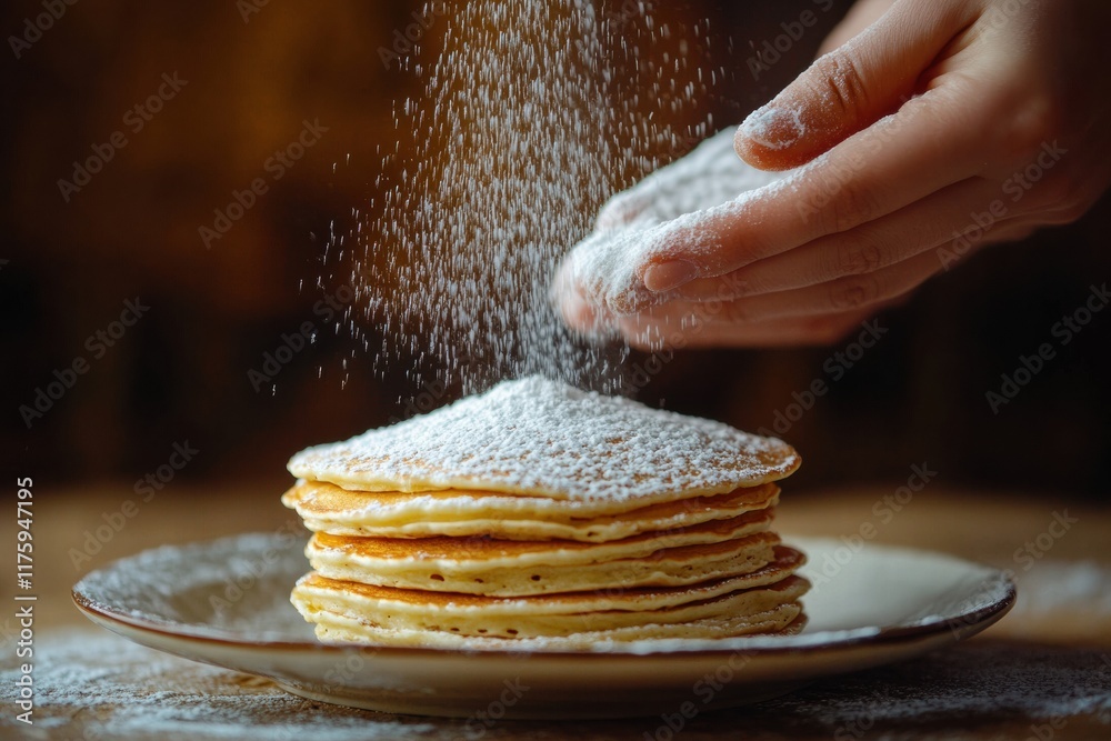Poster delicious pancakes being sprinkled with powdered sugar in a cozy setting during breakfast time. gene