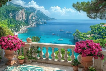 stunning coastal view of capri, italy, as seen from a stylish balcony adorned with flowers, capturing the essence of relaxation and luxury during a sunny day