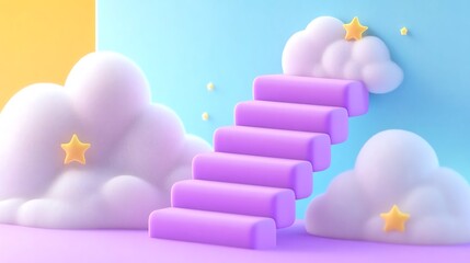 A whimsical scene featuring a purple staircase leading through fluffy clouds. Perfect for imaginative projects and dreamy backgrounds.