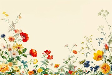 A rich collection of autumn flowers in various colors stretches across the bottom of a light backdrop, celebrating the season's beauty with a mix of delicate petals and lush greenery.