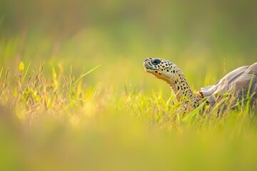 Fototapeta premium A beautiful image of a leopard tortoise slowly making its way through the grass