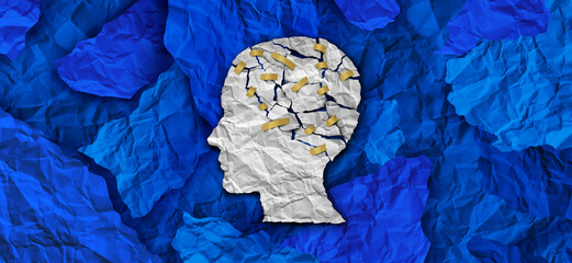 Mental Health Therapy and brain disorder or neurological disease treatment and mental health treatment concept as a sheet of torn crumpled paper as a symbol for neurology or psychological help.