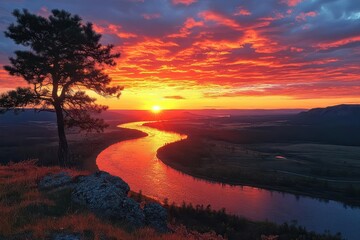 stunning sunset casting vibrant hues over a winding river, framed by picturesque valleys, creating a breathtaking landscape that captures the essence of nature's beauty