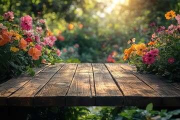 sturdy rustic wooden table set against a sunlit, blurred backyard garden with vibrant flowers and greenery, evoking a sense of summer warmth and tranquility