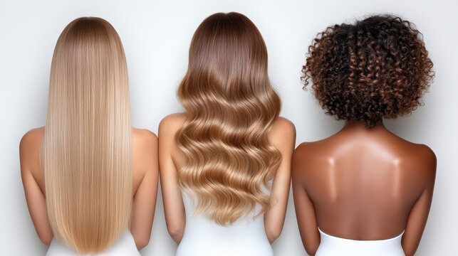 Diverse hair types showcased through the back view of three women in natural light against a white background