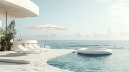 A serene beach club with white sun loungers, a surfboard, and a pool overlooking the tranquil sea, featuring minimalist design and inviting relaxation under the sun