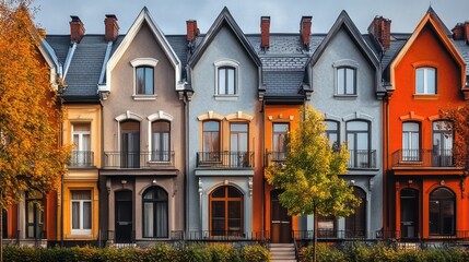 Fototapeta premium Colorful row houses, European architecture, autumn street scene, vibrant facades, dormer windows, arched doorways, wrought iron balconies, fall foliage trees, cobblestone street, charming neighborhood