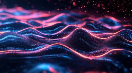 Abstract Digital Waves with Vibrant Blue and Red Lights, Glowing Particles Flowing Over a Dark Background in a Futuristic Style Representing Technology and Innovation