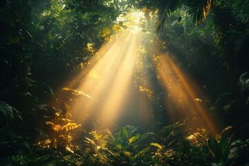 Obraz premium sunlight filters gently through a dense rainforest canopy, casting warm rays on lush tropical foliage, creating a tranquil and vibrant atmosphere filled with life and natural beauty