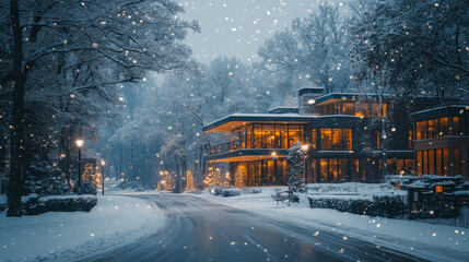 Obraz premium Winter evening snowfall transforms a serene neighborhood into a picturesque landscape of white tranquility