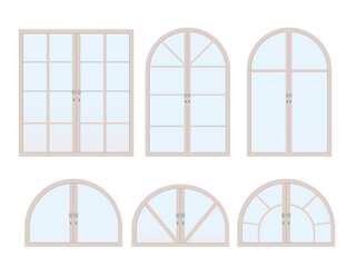 Windows types. Exterior and interior design, home renovation architecture .Set of wooden or plastic frames. Arched and semicircle