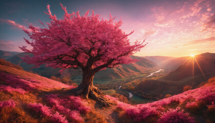 Stunning pink blossoms adorn a majestic tree at sunset in a serene valley landscape