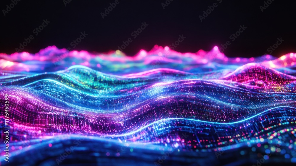 Poster abstract colorful wave patterns in light with glittering particles creating a vibrant digital landsc