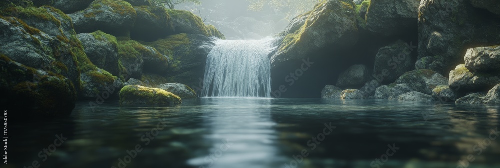 Poster Sunlight filters through the mist. Illuminating a pristine waterfall cascading into a tranquil pond surrounded by moss covered rocks and lush foliage. Creating a serene and idyllic natural landscape