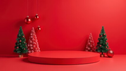 Christmas podium displaying with hanging baubles and christmas trees on red background