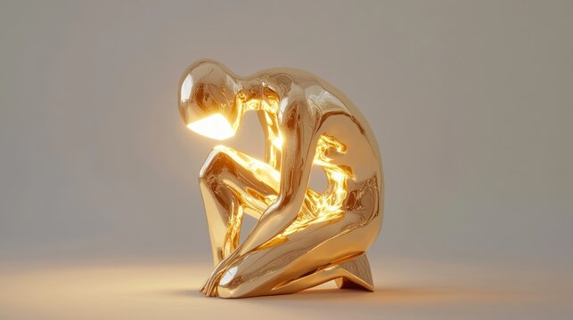 Golden sculpture, studio backdrop, illuminated head, contemplative pose, interior decor