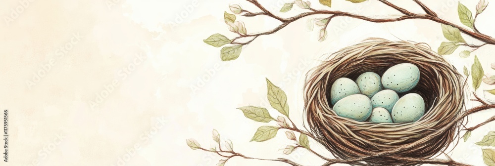 Poster hand drawn doodle of a nest with blue speckled eggs resting in branches during springtime. generativ