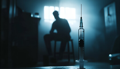 A syringe in focus symbolizes substance abuse and addiction