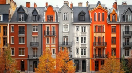 Obraz premium Colorful row houses, European architecture, autumn street scene, vibrant facades, dormer windows, arched doorways, wrought iron balconies, fall foliage trees, cobblestone street, charming neighborhood