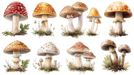 Vintage Illustrations of Colorful Mushrooms in Natural Display Isolated on White Background. Detailed and vibrant watercolor-style illustrations of mushrooms showcasing diversity in size and shape.