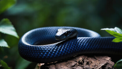 Obraz premium Bright blue snake resting on a branch in a lush forest environment during daylight