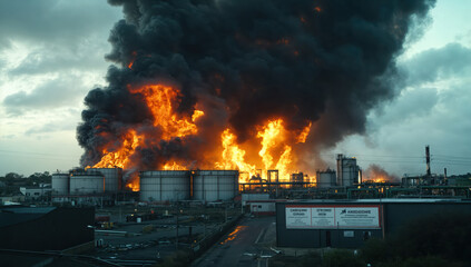 Burning oil refinery with huge flames and black smoke creating pollution