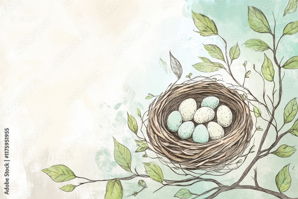 Leinwandbilder Doodle of a nest with colorful eggs resting on a branch surrounded by abstract leaves and soft background colors. Generative AI