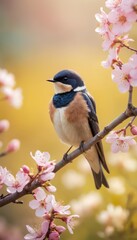 Fototapeta premium Graceful swallow perched on a blooming cherry blossom branch. A vibrant spring scene filled with delicate pink flowers and serene beauty of nature