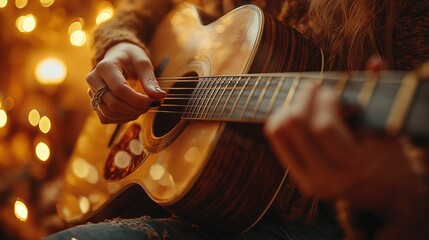 Fototapeta premium Close-up of hands strumming an acoustic guitar under warm golden bokeh lights, evoking a cozy and artistic atmosphere, perfect for music promotion or storytelling