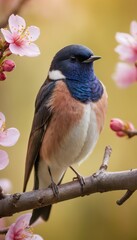 Fototapeta premium Graceful swallow perched on a blooming cherry blossom branch. A vibrant spring scene filled with delicate pink flowers and serene beauty of nature