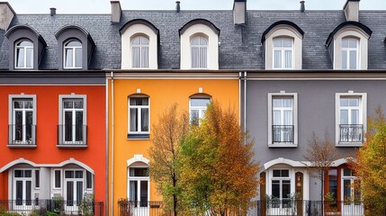 Naklejka premium Colorful row houses, European architecture, autumn street scene, vibrant facades, dormer windows, arched doorways, wrought iron balconies, fall foliage trees, cobblestone street, charming neighborhood