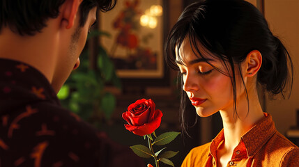 A man and a woman looking at each other with a red rose in their hand