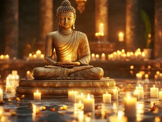 Fototapeta premium Glowing Golden Buddha Statue Surrounded by Candles in Serene Temple