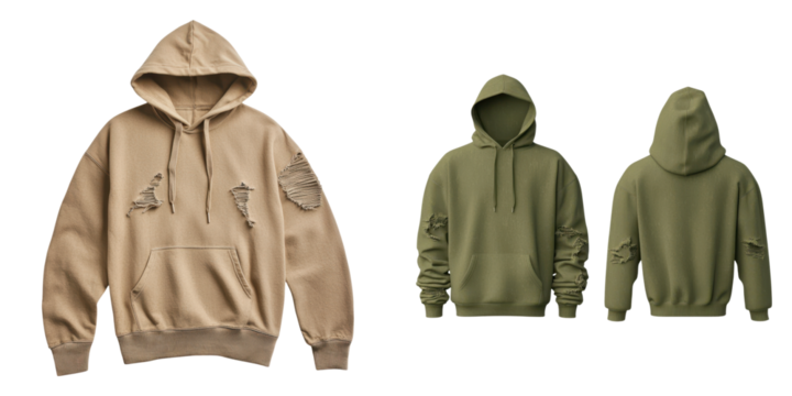 Hoodie template mockup. Distressed fabric hoodie in beige and green, trendy urban style