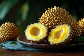 Durian fruit displayed on a wooden plate with leaves