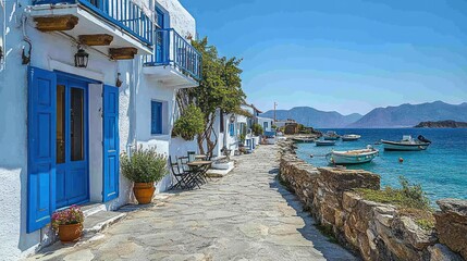 Fototapeta premium A scenic coastal pathway with white buildings and blue accents beside a tranquil sea.