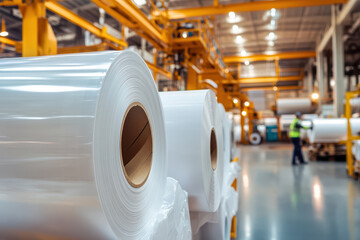 Large rolls of white plastic film or polypropylene are stored in a factory, ready for packaging