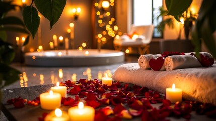 A couple of towels and candles on a table with rose petals on it