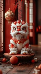 Fototapeta premium Decorative guardian lions with detailed 3d oriental elements picture
