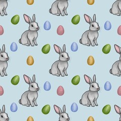 Cute Bunny with Colorful Eggs Seamless Pattern Small Design on Pastel Blue Background