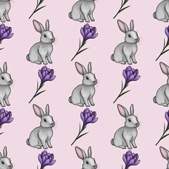 Cute Bunny with Crocus Seamless Pattern Small Design on Pastel Pink Background