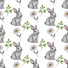 Cute Bunny with Daisy and Leaves Seamless Pattern Small Design on White Background