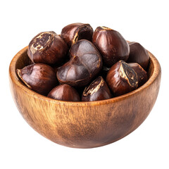 Obraz premium Water chestnuts in a wooden bowl on a transparent background showcasing their natural texture and color, Water chestnut in wood bowl on transparent background