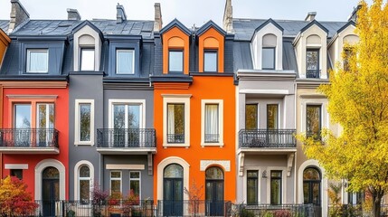 Obraz premium Colorful row houses, European architecture, autumn street scene, vibrant facades, dormer windows, arched doorways, wrought iron balconies, fall foliage trees, cobblestone street, charming neighborhood