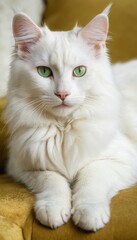 Obraz premium Charming white Turkish Angora cat with captivating green eyes, basking in the warmth of a garden. The lush green lawn complements its silky fur